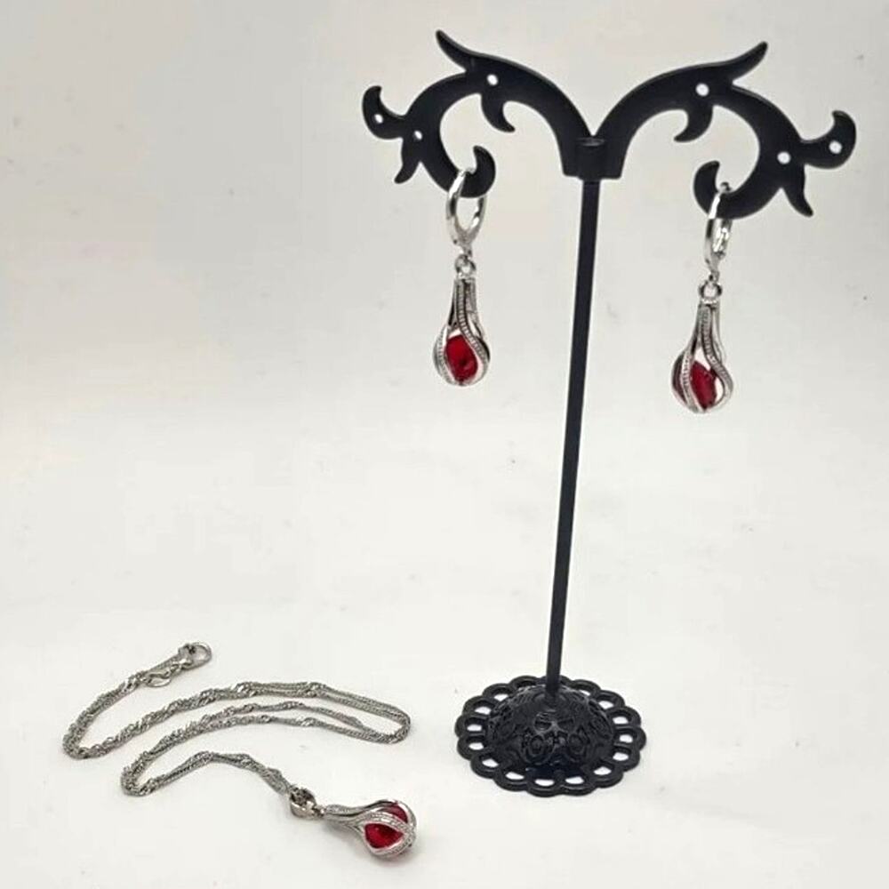925 Silver Necklace Earrings Set Red Gemstones Anniversary Birthday Gift New!!